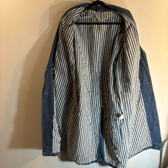DENIM JEAN COAT Sz XL Lined Contrasting Stripe Pockets 100% Cotton Shoulder Pads - Picture 6 of 10